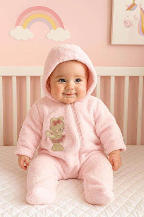 3-12 AY  SEVİMLİ HAYVAN NAKIŞ İŞLEMELİ KAPŞONLU FERMUARLI EKSTRA YUMUŞAK WELSOFT KUZU TULUM