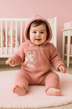 3-12 AY  SEVİMLİ HAYVAN NAKIŞ İŞLEMELİ KAPŞONLU FERMUARLI EKSTRA YUMUŞAK WELSOFT KUZU TULUM