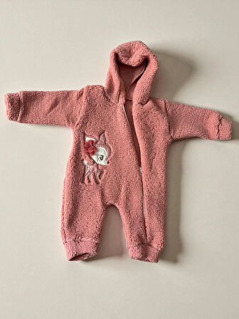 3-12 AY  SEVİMLİ HAYVAN NAKIŞ İŞLEMELİ KAPŞONLU FERMUARLI EKSTRA YUMUŞAK WELSOFT KUZU TULUM