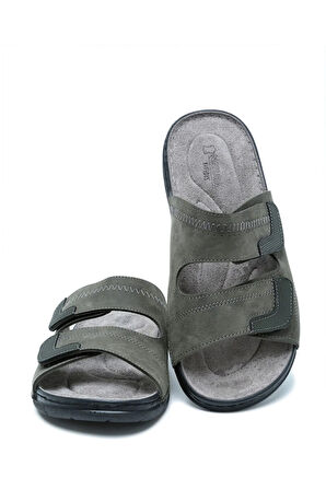 SIB4412 Natura Erkek Çift Bantlı Anatomik Deri Terlik 40-45 Haki/Khaki