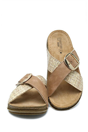 Sıb213628- Natura Tokalı Anatomik Deri Kadın Terlik Taba/tabacco