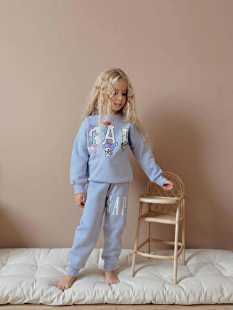 Kız Çocuk 3iplik %100 Pamuk Kalın Penye Renkli Kışlık Eşofman Takımı