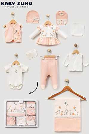 KIZ BEBEK 0-3 AY ORGANİK PAMUKTAN ÇİÇEKLİ MANTAR  NAKIŞLI 10 LU HASTANE ÇIKIŞ ZIBIN SETİ