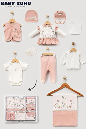 KIZ BEBEK 0-3 AY ORGANİK PAMUKTAN ÇİÇEKLİ MANTAR  NAKIŞLI 10 LU HASTANE ÇIKIŞ ZIBIN SETİ