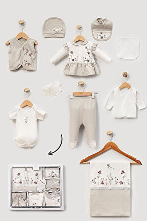 KIZ BEBEK 0-3 AY ORGANİK PAMUKTAN ÇİÇEKLİ MANTAR  NAKIŞLI 10 LU HASTANE ÇIKIŞ ZIBIN SETİ