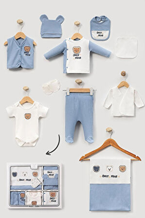 ERKEK BEBEK 0-3 AY ORGANİK PAMUK ONLY BEAR  NAKIŞLI 10 LU PREMİUM SET