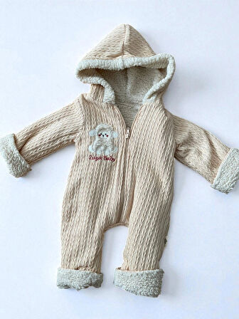 0-3 AY İÇİ  KUZU ASTARLI DIŞI JAKARLI SAÇ ÖRGÜLÜ KUZU NAKIŞLI FERMUARLI KAPŞONLU TULUM