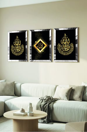 Gümüş Aynalı Pleksi Çerçeveli Allah Lafzı Üçlü Mdf Tablo Seti