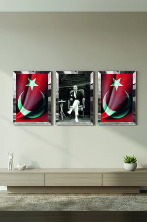 Gümüş Aynalı Pleksi Çerçeveli Türk Bayrağı Ve Atatürk Üçlü Mdf Tablo Seti