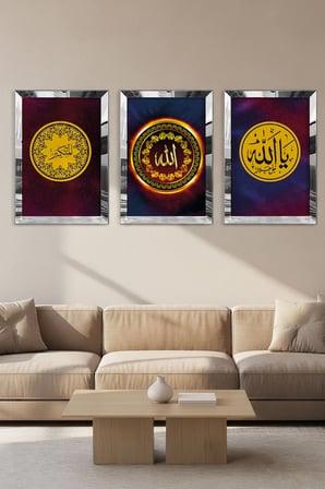 Gümüş Aynalı Pleksi Çerçeveli Allah Lafzı Dini Üçlü Mdf Tablo Seti