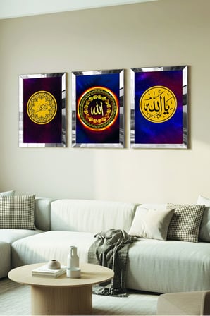 Gümüş Aynalı Pleksi Çerçeveli Allah Lafzı Dini Üçlü Mdf Tablo Seti