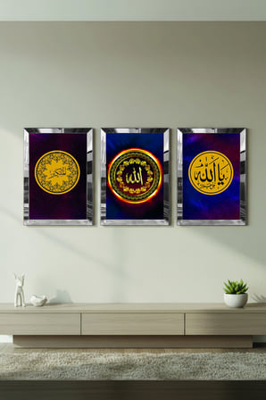 Gümüş Aynalı Pleksi Çerçeveli Allah Lafzı Dini Üçlü Mdf Tablo Seti