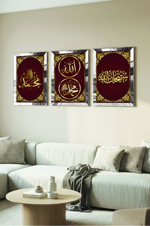 Gümüş Aynalı Pleksi Çerçeveli Hz Muhammed Ve Allah Lafzı Dini Üçlü Mdf Tablo Seti