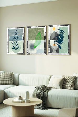 Gümüş Aynalı Pleksi Çerçeveli Minimalist Üçlü Soyut Desen Üçlü Mdf Tablo Seti