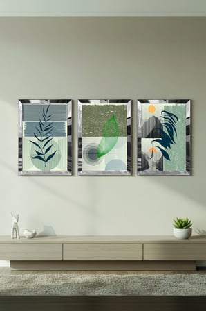 Gümüş Aynalı Pleksi Çerçeveli Minimalist Üçlü Soyut Desen Üçlü Mdf Tablo Seti