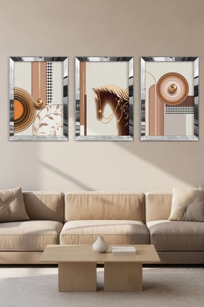 Gümüş Aynalı Pleksi Çerçeveli Minimalist Üçlü Soyut Desen Üçlü Mdf Tablo Seti