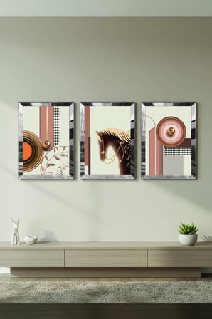 Gümüş Aynalı Pleksi Çerçeveli Minimalist Üçlü Soyut Desen Üçlü Mdf Tablo Seti