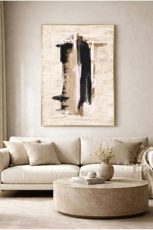 Siyah ve Kahve Fırça Darbeli Minimal Soyut Cam Tablo-Gold Metal Çerçeveli Ev, İş Ve Okul Tablosu