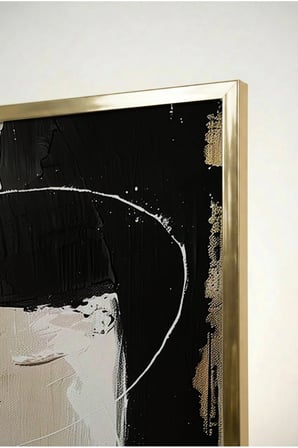 Bej ve Siyah Soyut İnce Çizgi Detaylı Modern Cam Tablo-Gold Metal Çerçeveli Ev, İş Ve Okul Tablosu
