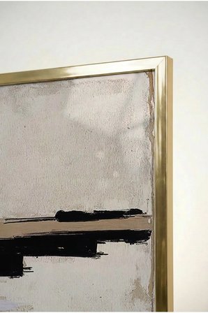 Bej ve Siyah Geometrik Çizgisel Soyut Cam Tablo - Gold Metal Çerçeveli Ev, İş Ve Okul Tablosu