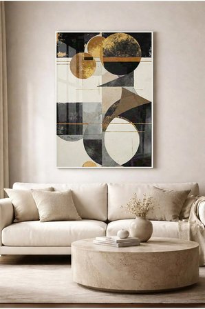 Gold ve Siyah Tonlamalı Modern Geometrik Cam Tablo - Beyaz Metal Çerçeveli Ev, İş Ve Okul Tablosu
