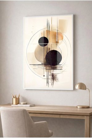 Bej ve Siyah Minimalist Geometrik Line Art Cam Tablo - Beyaz Metal Çerçeveli Ev, İş Ve Okul Tablosu