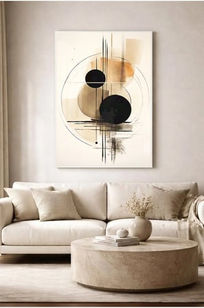Bej ve Siyah Minimalist Geometrik Line Art Cam Tablo - Beyaz Metal Çerçeveli Ev, İş Ve Okul Tablosu