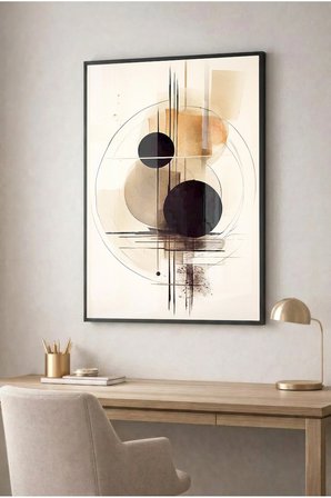 Bej ve Siyah Minimalist Geometrik Line Art Cam Tablo - Siyah Metal Çerçeveli Ev, İş Ve Okul Tablosu