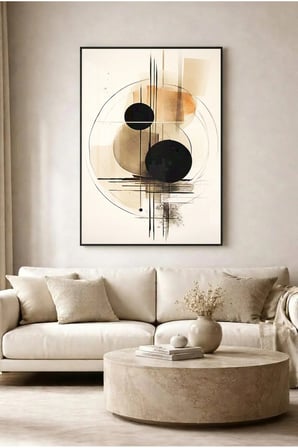 Bej ve Siyah Minimalist Geometrik Line Art Cam Tablo - Siyah Metal Çerçeveli Ev, İş Ve Okul Tablosu