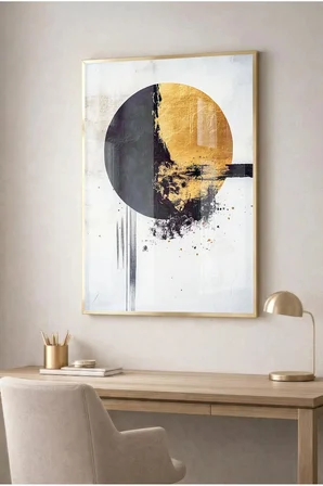 Siyah ve Gold Dairesel Soyut Modern Cam Tablo - Gold Metal Çerçeveli Ev, İş Ve Okul Tablosu