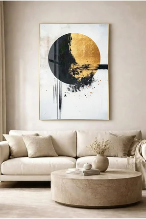 Siyah ve Gold Dairesel Soyut Modern Cam Tablo - Gold Metal Çerçeveli Ev, İş Ve Okul Tablosu