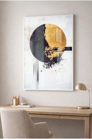Siyah ve Gold Dairesel Soyut Modern Cam Tablo - Beyaz Metal Çerçeveli Ev, İş Ve Okul Tablosu