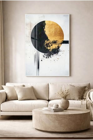 Siyah ve Gold Dairesel Soyut Modern Cam Tablo - Beyaz Metal Çerçeveli Ev, İş Ve Okul Tablosu
