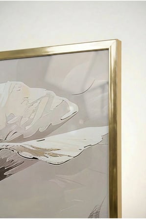 Bej ve Krem Soyut Çiçekli Cam Tablo - Gold Metal Çerçeveli Ev, İş Ve Okul Tablosu