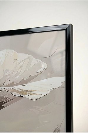 Bej ve Krem Soyut Çiçekli Cam Tablo - Siyah Metal Çerçeveli Ev, İş Ve Okul Tablosu