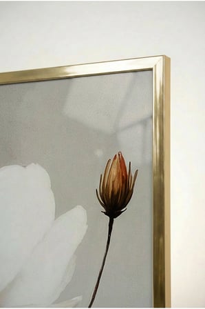 Beyaz ve Gri Soyut Çiçekli Cam Tablo - Gold Metal Çerçeveli Ev, İş Ve Okul Tablosu