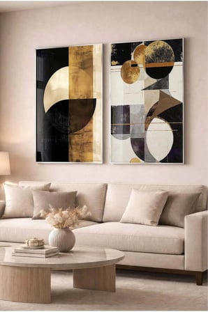 Siyah ve Gold Geometrik Modern 2'li Cam Tablo Seti - Gümüş Metal Çerçeveli Ev Ve Ofis Tablosu