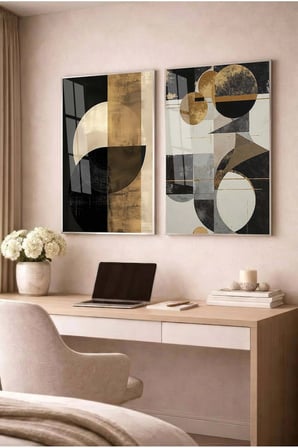 Siyah ve Gold Geometrik Modern 2'li Cam Tablo Seti - Gümüş Metal Çerçeveli Ev Ve Ofis Tablosu