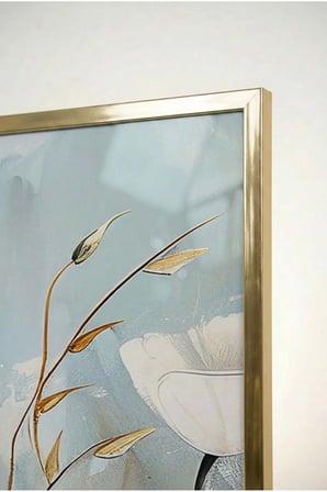 Mavi ve Beyaz Çiçekli Modern 2'li Cam Tablo Seti - Gold Metal Çerçeveli Ev Ve Ofis Tablosu