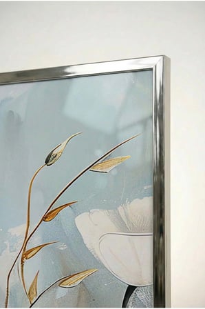 Mavi ve Beyaz Çiçekli Modern 2'li Cam Tablo Seti - Gümüş Metal Çerçeveli Ev Ve Ofis Tablosu