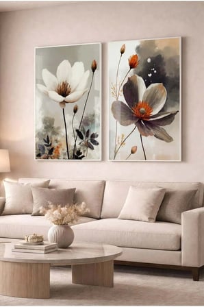 Gri Ve Beyaz Çiçekli Floral Modern 2'li Cam Tablo Seti Beyaz Metal Çerçeveli Ev Ve Ofis Tablosu