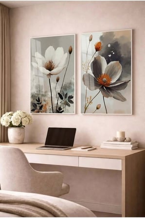 Gri Ve Beyaz Çiçekli Floral Modern 2'li Cam Tablo Seti Beyaz Metal Çerçeveli Ev Ve Ofis Tablosu