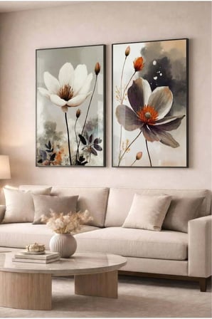 Gri Ve Beyaz Çiçekli Floral Modern 2'li Cam Tablo Seti Siyah Metal Çerçeveli Ev Ve Ofis Tablosu