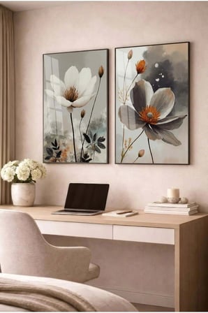 Gri Ve Beyaz Çiçekli Floral Modern 2'li Cam Tablo Seti Siyah Metal Çerçeveli Ev Ve Ofis Tablosu