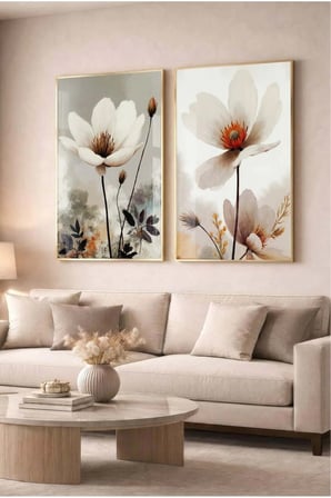 Soft Beyaz Çiçekli Modern 2'li Cam Tablo Seti Gold Metal Çerçeveli Ev Ve Ofis Tablosu