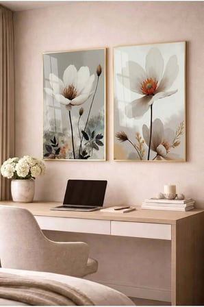 Soft Beyaz Çiçekli Modern 2'li Cam Tablo Seti Gold Metal Çerçeveli Ev Ve Ofis Tablosu