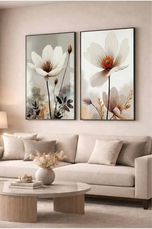 Soft Beyaz Çiçekli Modern 2'li Cam Tablo Seti Siyah Metal Çerçeveli Ev Ve Ofis Tablosu