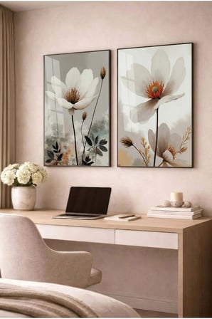 Soft Beyaz Çiçekli Modern 2'li Cam Tablo Seti Siyah Metal Çerçeveli Ev Ve Ofis Tablosu