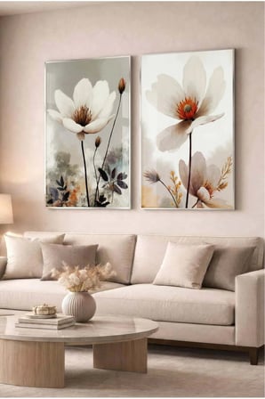 Soft Beyaz Çiçekli Modern 2'li Cam Tablo Seti Gümüş Metal Çerçeveli Ev Ve Ofis Tablosu