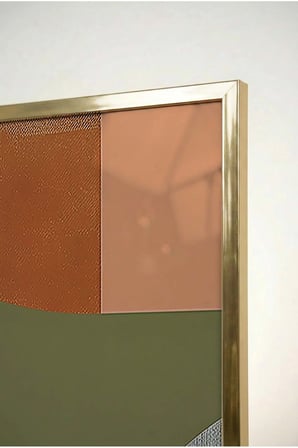 Kiremit ve Yeşil Geometrik Renk Bloklu 2'li Cam Tablo Seti Gold Metal Çerçeveli Ev Ve Ofis Tablosu